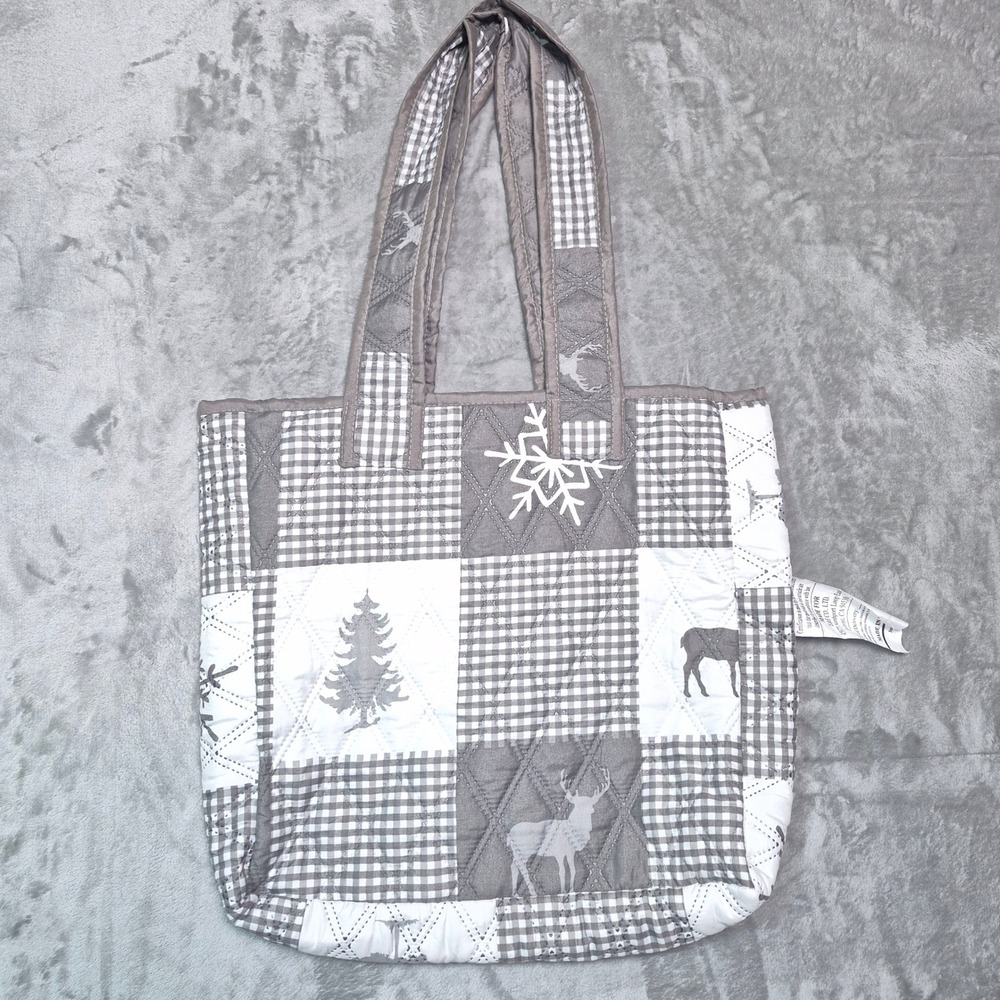 Martha Stewart Collection Quilted Patchwork Tote Bag Grey White Reindeer Holiday